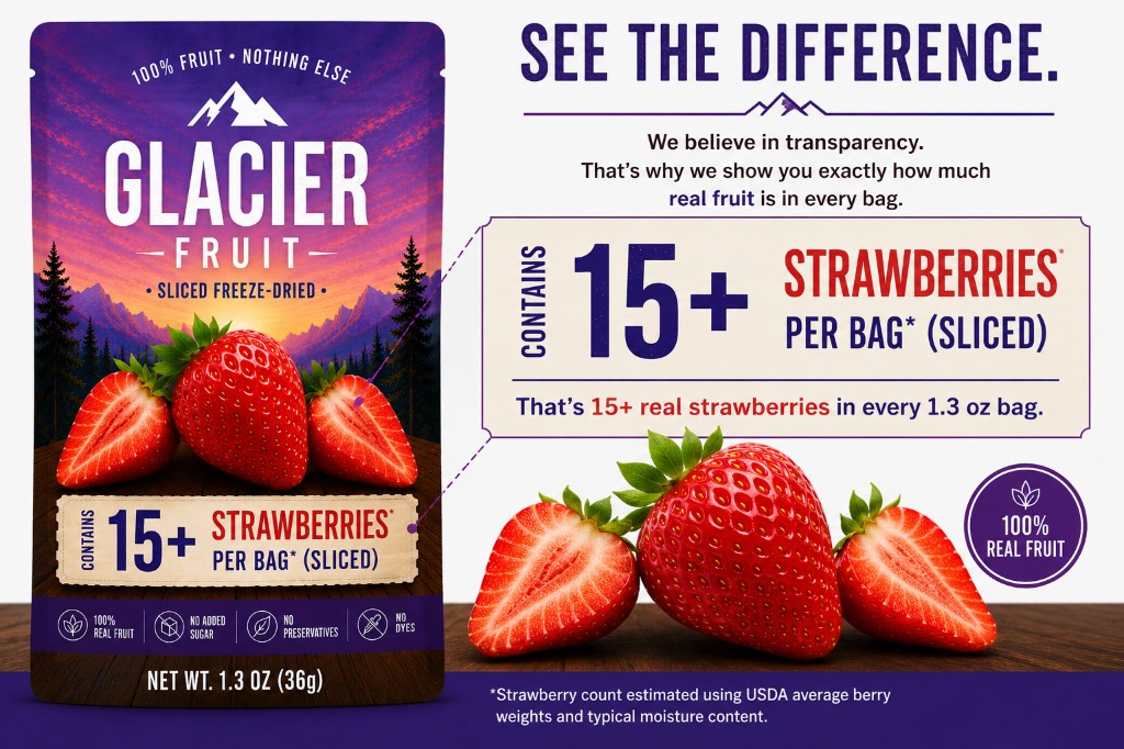 Glacier Fruit strawberry pouch showing 15+ strawberries per bag — transparent fruit-count labeling on every pouch