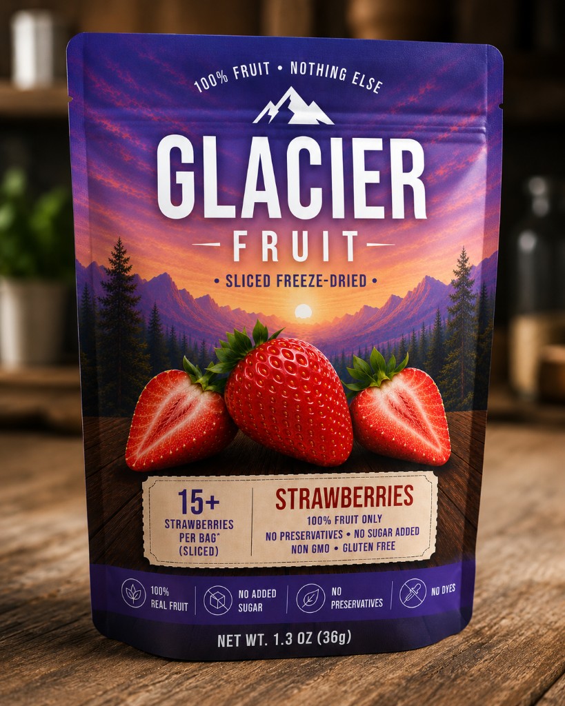 Glacier Fruit Trail size freeze-dried strawberries & bananas packaging